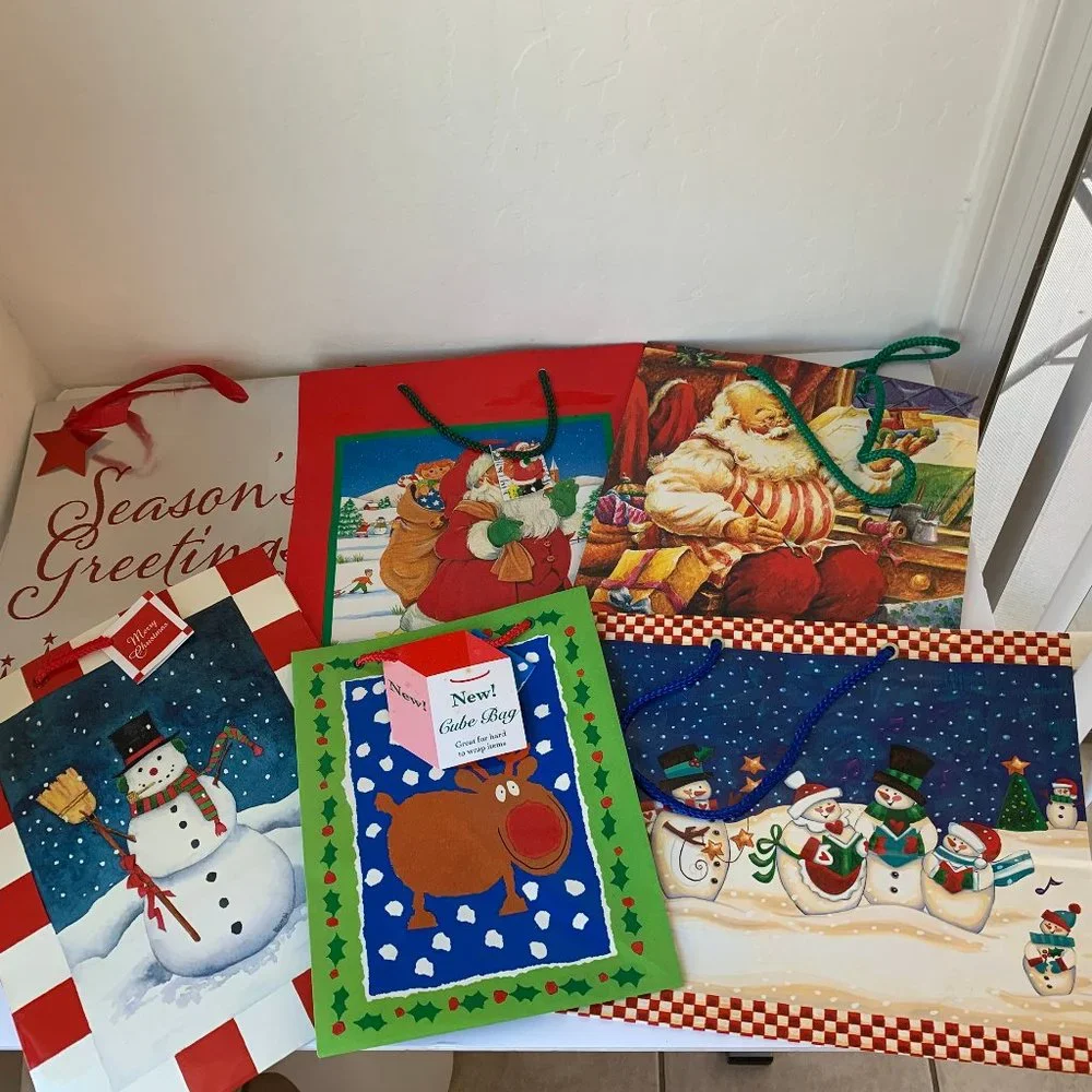 Gift Bags Set of 6 Christmas Holiday Santa Snowman Reindeer Assorted Sizes